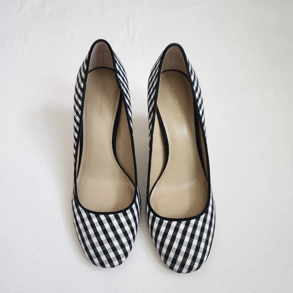 Ann Taylor gingham block heel‎ pumps heels shoes black white round toe 8.5